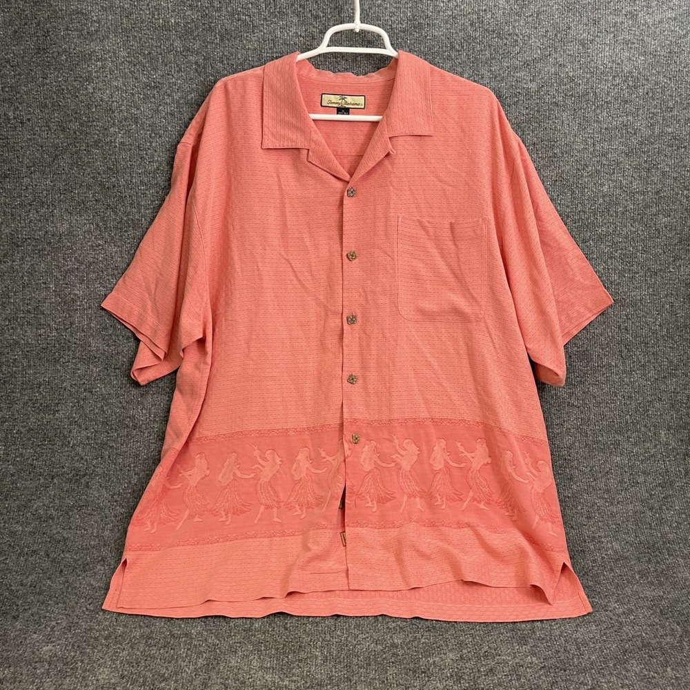 Tommy Bahama Silk Hawaiian Shirt Mens XL Hula Girl Embroidered Camp Orange